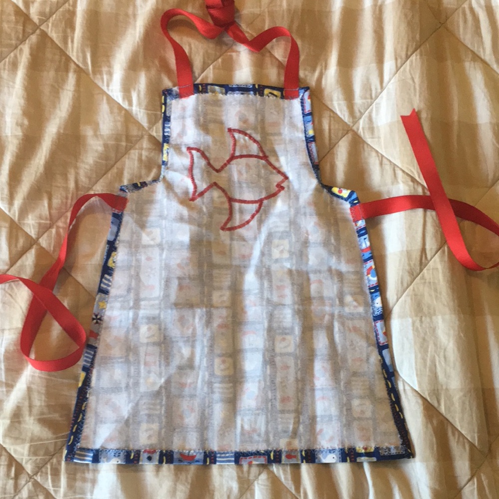 Colorful Toddler Size Fish Apron with Red Ribbon Ties - Picture 5 of 7